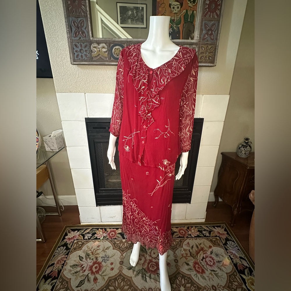 Phool Dress Womens Lg Multi Tier Flowy Boho Whimsy Rayon Red Floral Vintage
